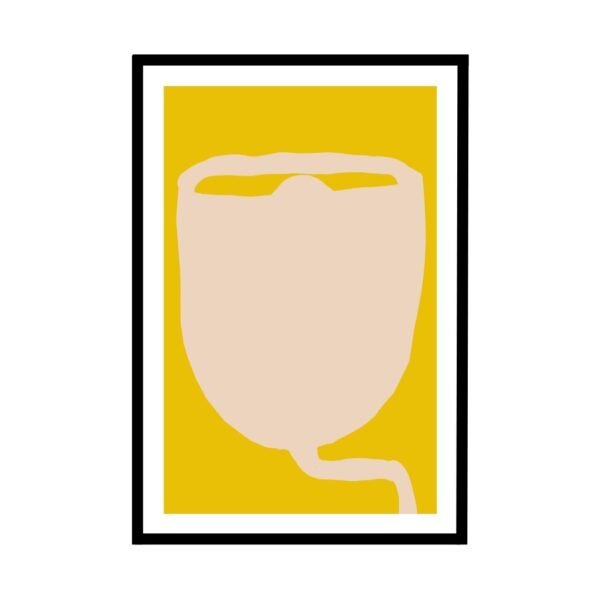 Abstract art print featuring a beige shape on a yellow background within a black frame.