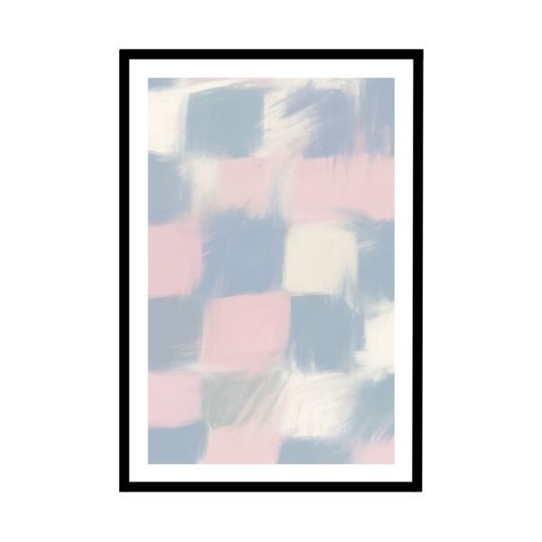 Abstract soft pastel shapes wall art in pink, peach, and mustard.
