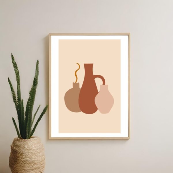 Trio of abstract clay vases wall art displayed on a modern home wall for contemporary decor.