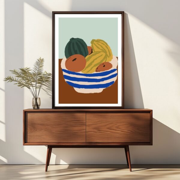 Abstract artwork depicting a bowl of fruit with various colors and shapes.