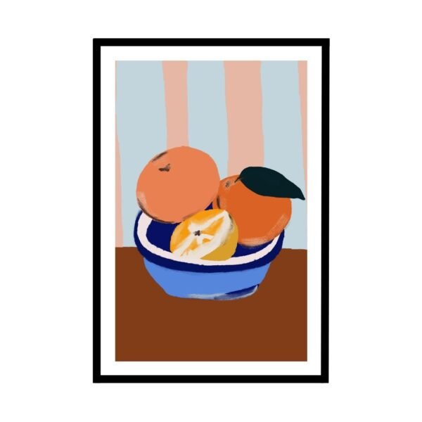 Colourful citrus bowl art featuring ripe oranges and lemons.