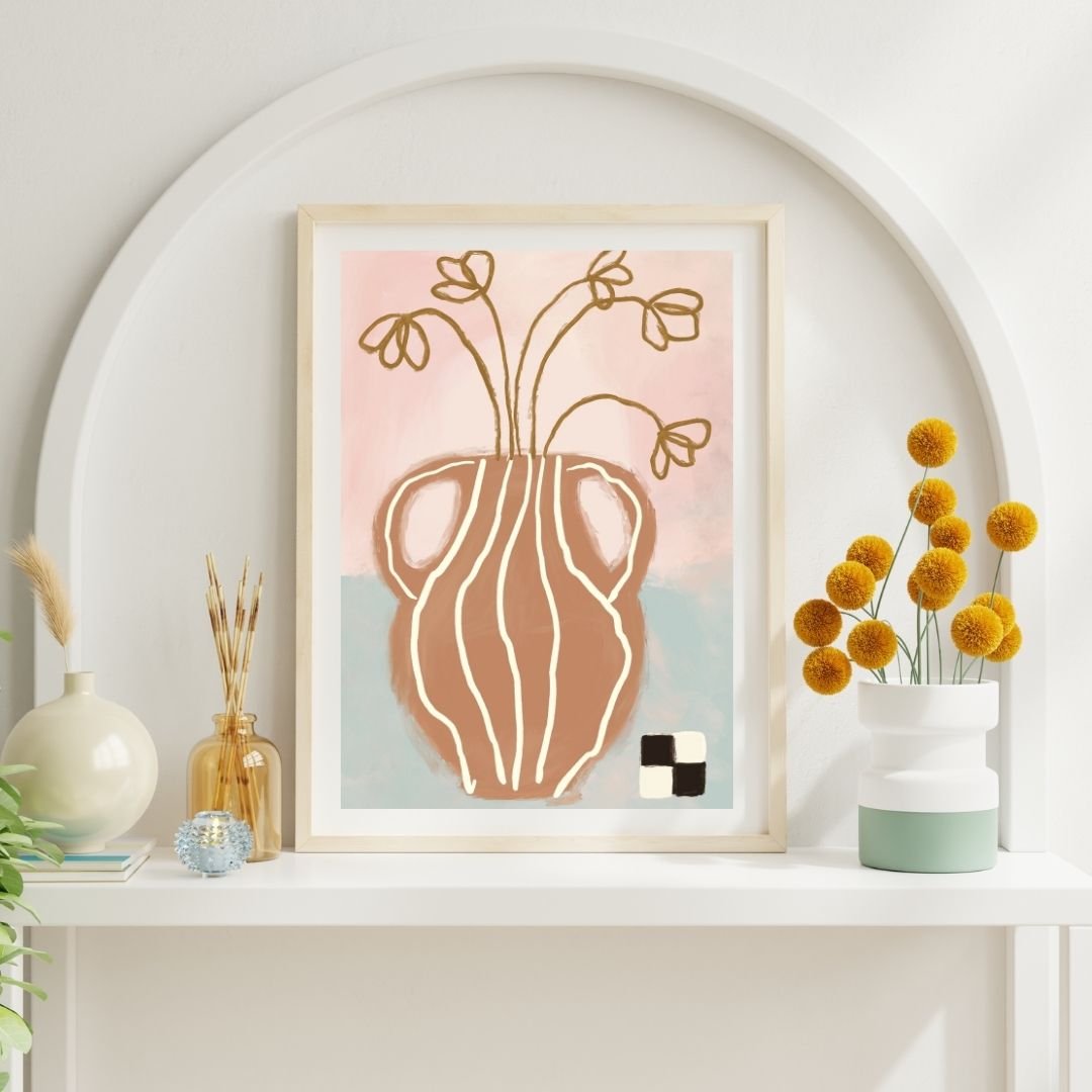 Elegant line drawing of a vase with flowers in a contemporary, minimalist style.