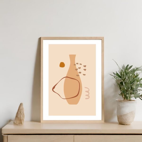 Abstract artwork depicting a vase with geometric shapes and earthy colors on a neutral background.