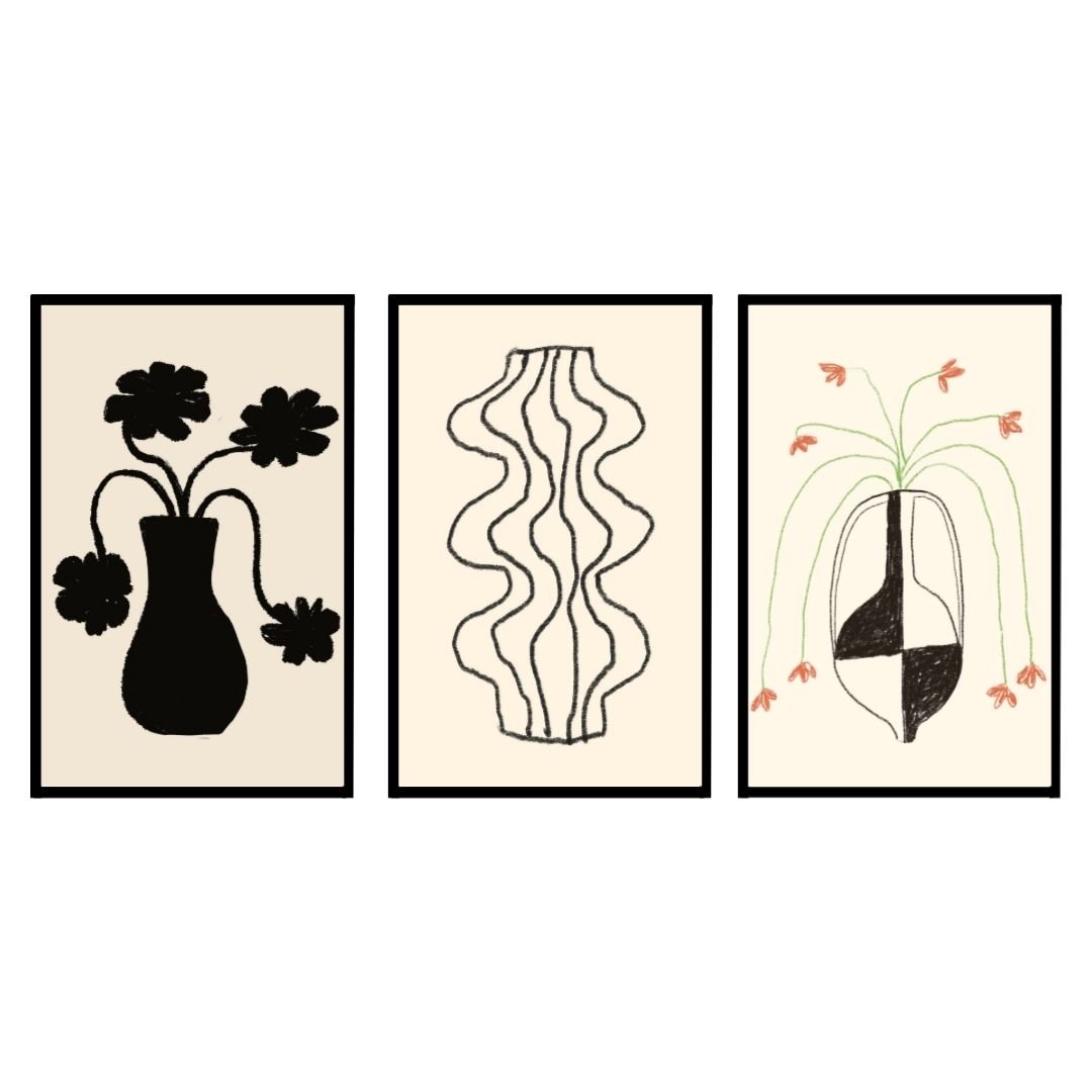 Three framed art prints depicting vases with flowers and abstract designs in black and white.