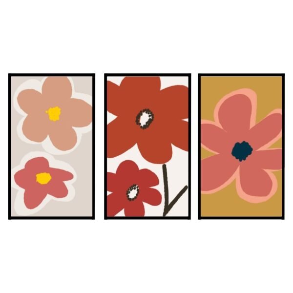 Three framed pieces of floral artwork featuring abstract flowers in various colors.