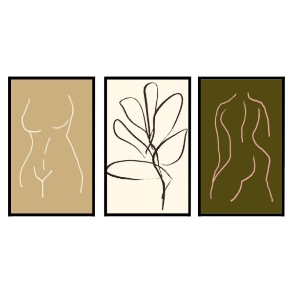 Three abstract art prints featuring a nude figure, a leaf design, and a stylized figure in earthy tones.