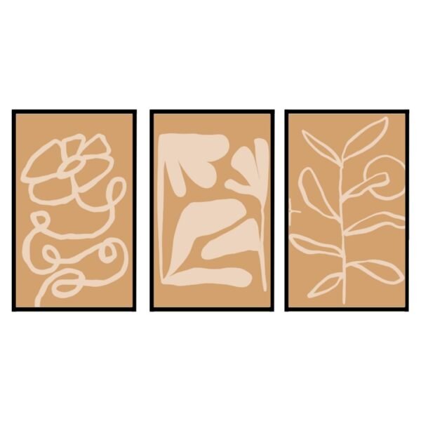 Three abstract line art prints featuring floral and leaf designs on a beige background.
