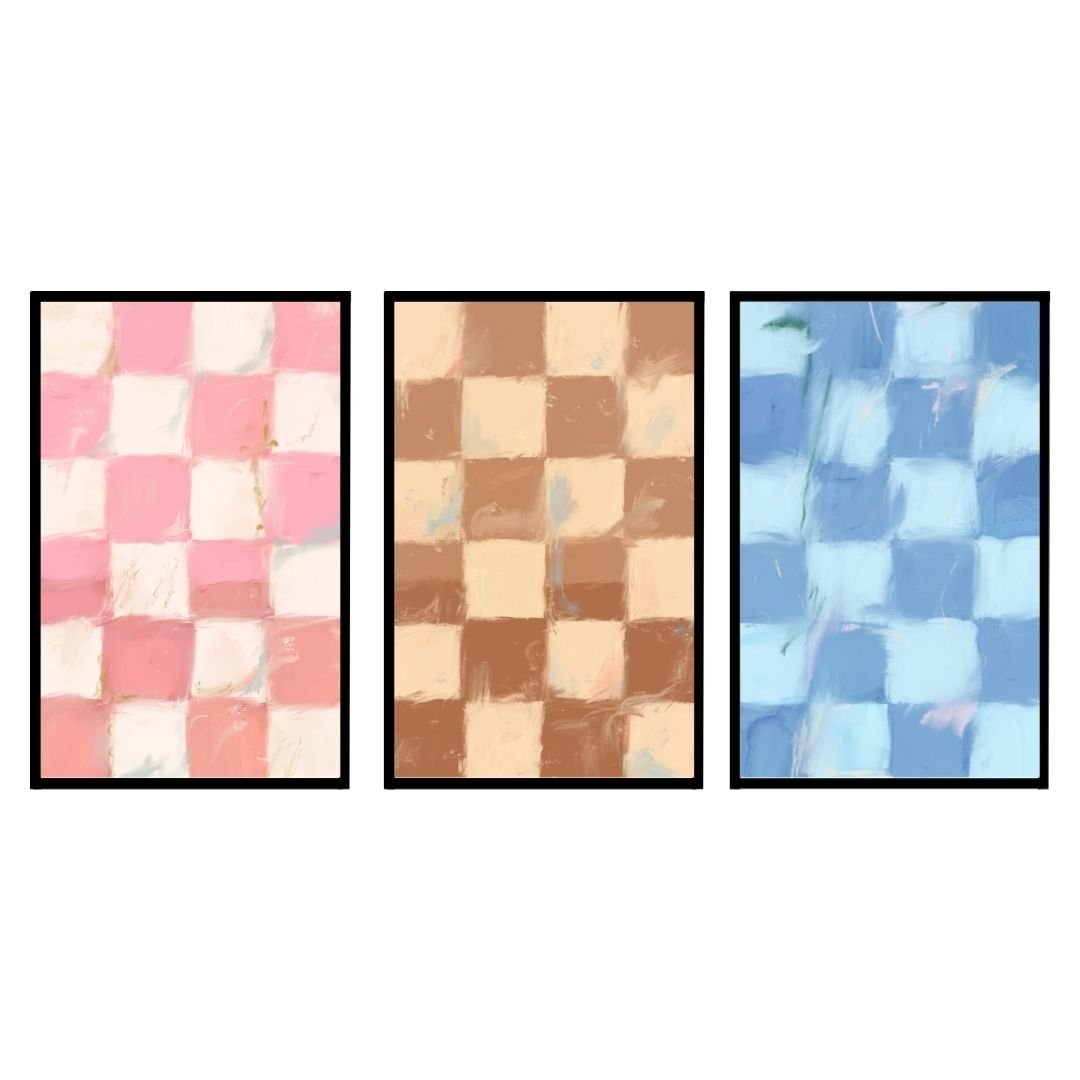 Three-piece artwork featuring abstract checkerboard patterns in pink, beige, and blue colors.