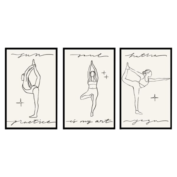 Three minimalist art prints depicting yoga poses with handwritten text.