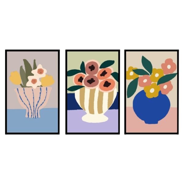 Three framed pieces of abstract floral artwork featuring vases with flowers in various colors.