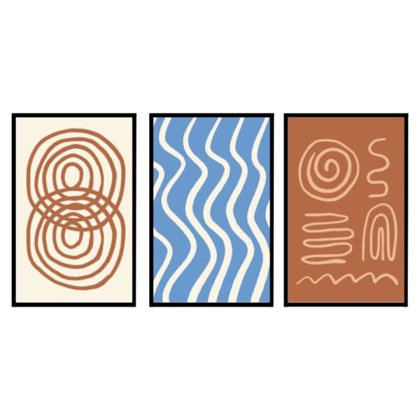 Three abstract art prints featuring circular and wavy designs in earthy tones and blue.