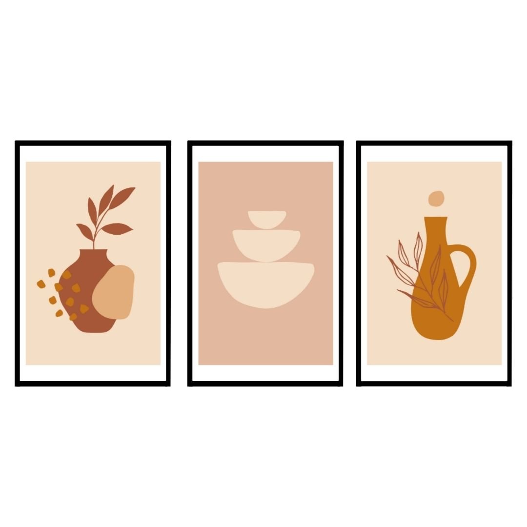 Three framed art prints displaying abstract designs of vases and geometric shapes in warm colors.