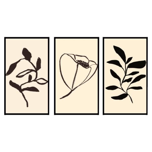 Three framed botanical illustrations featuring leaves and flowers on a light background.