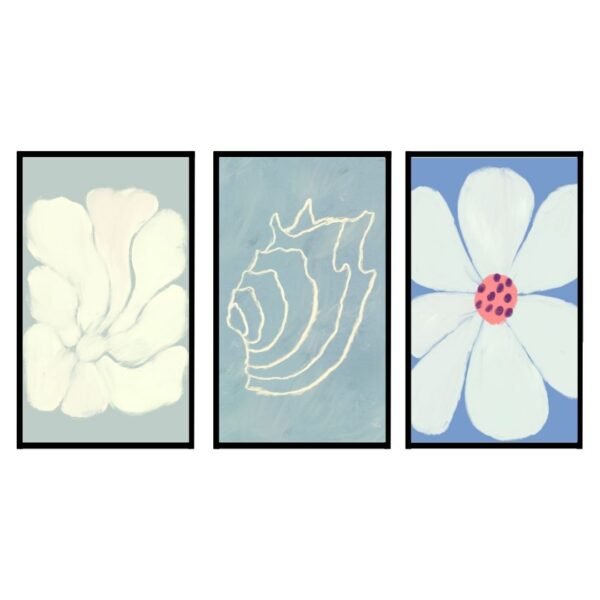 Three framed floral artworks featuring abstract flower designs in soft colors.