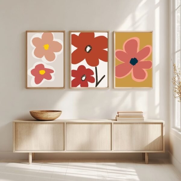 Set of three framed abstract nature floral art prints in various colors.