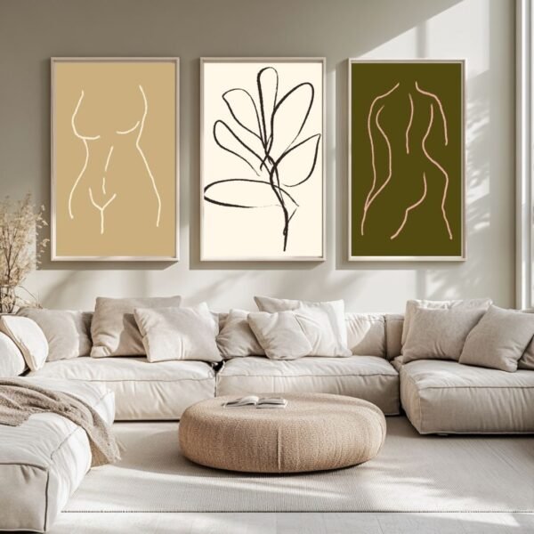 Set of three abstract art prints featuring a nude figure, leaf design, and stylised figure in earthy tones.