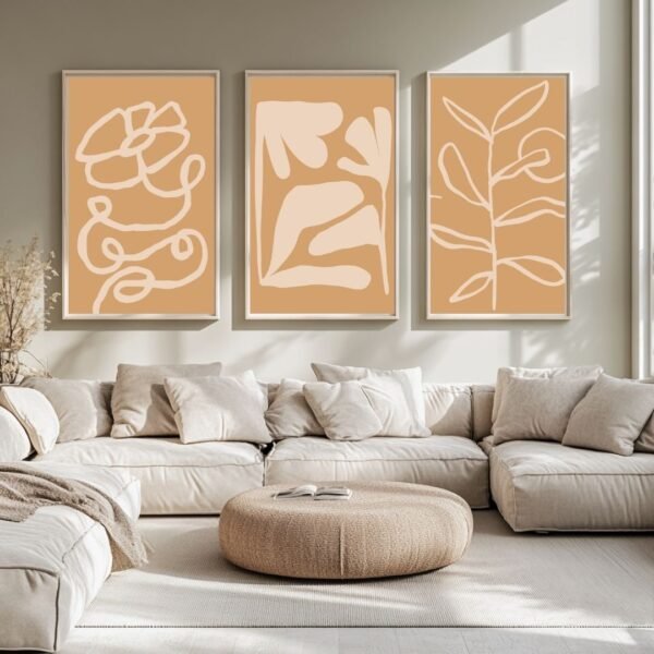 Set of three abstract line art prints featuring floral and leaf designs on a beige background.