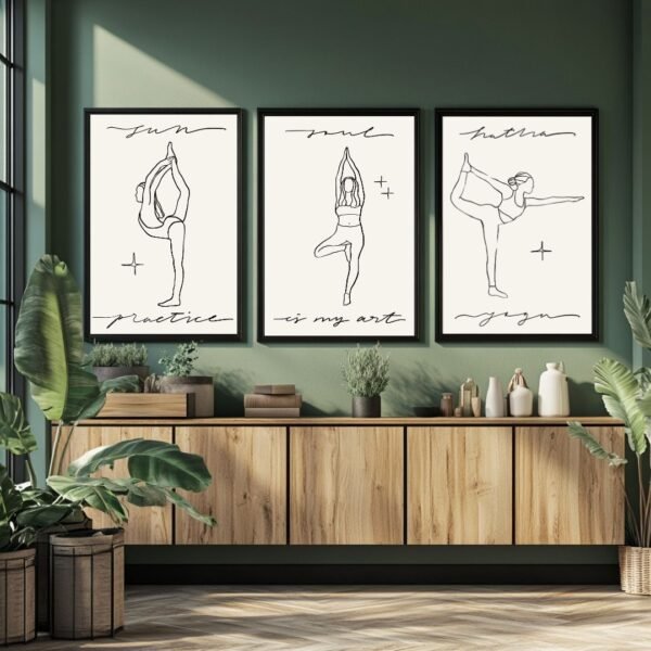 Set of three minimalist yoga art prints depicting poses with handwritten text.