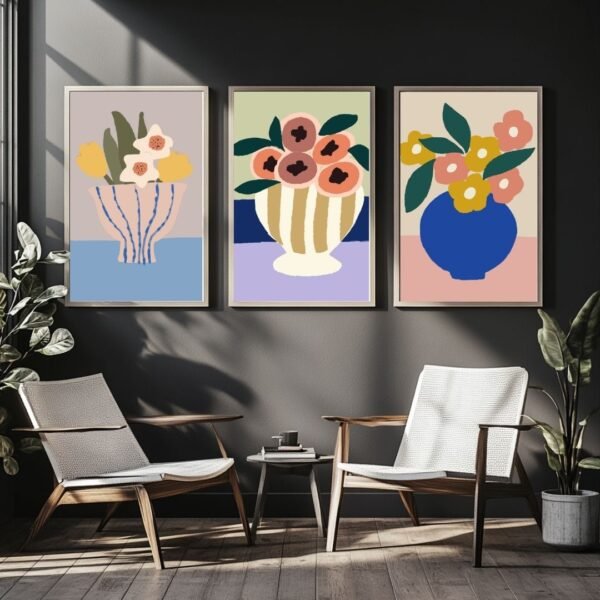 Set of three abstract floral wall art prints in soft, vibrant colours.