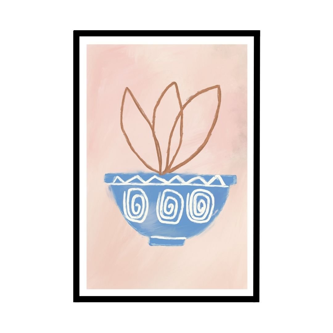 Abstract artwork featuring a blue bowl with leaves on a pink background.