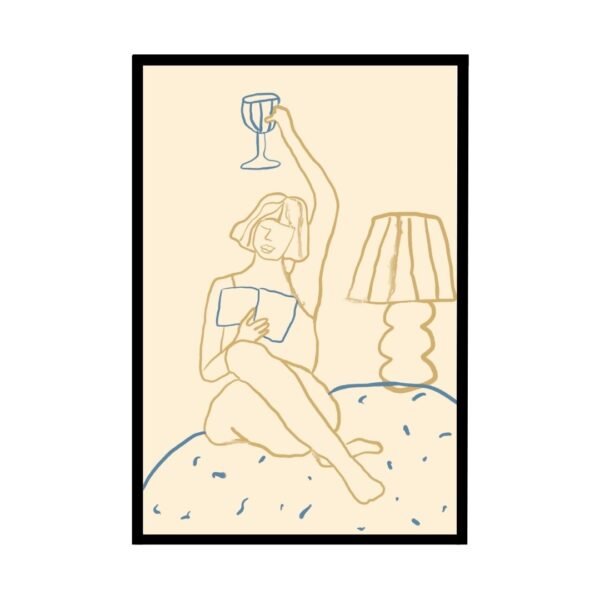 Line art illustration of a woman sitting on a bed holding a glass with a lamp beside her.