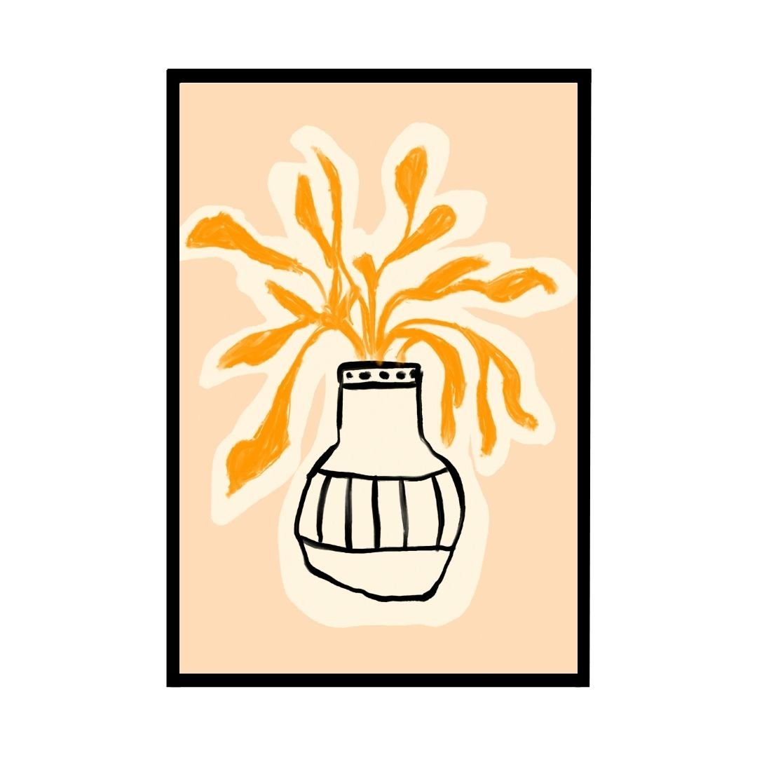 Abstract illustration of a vase with orange leaves against a light background.