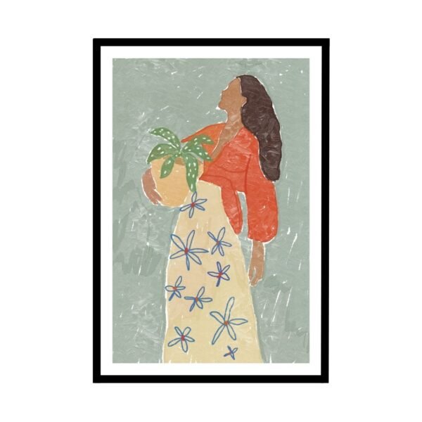 Woman in red top holding a potted plant with floral skirt art print