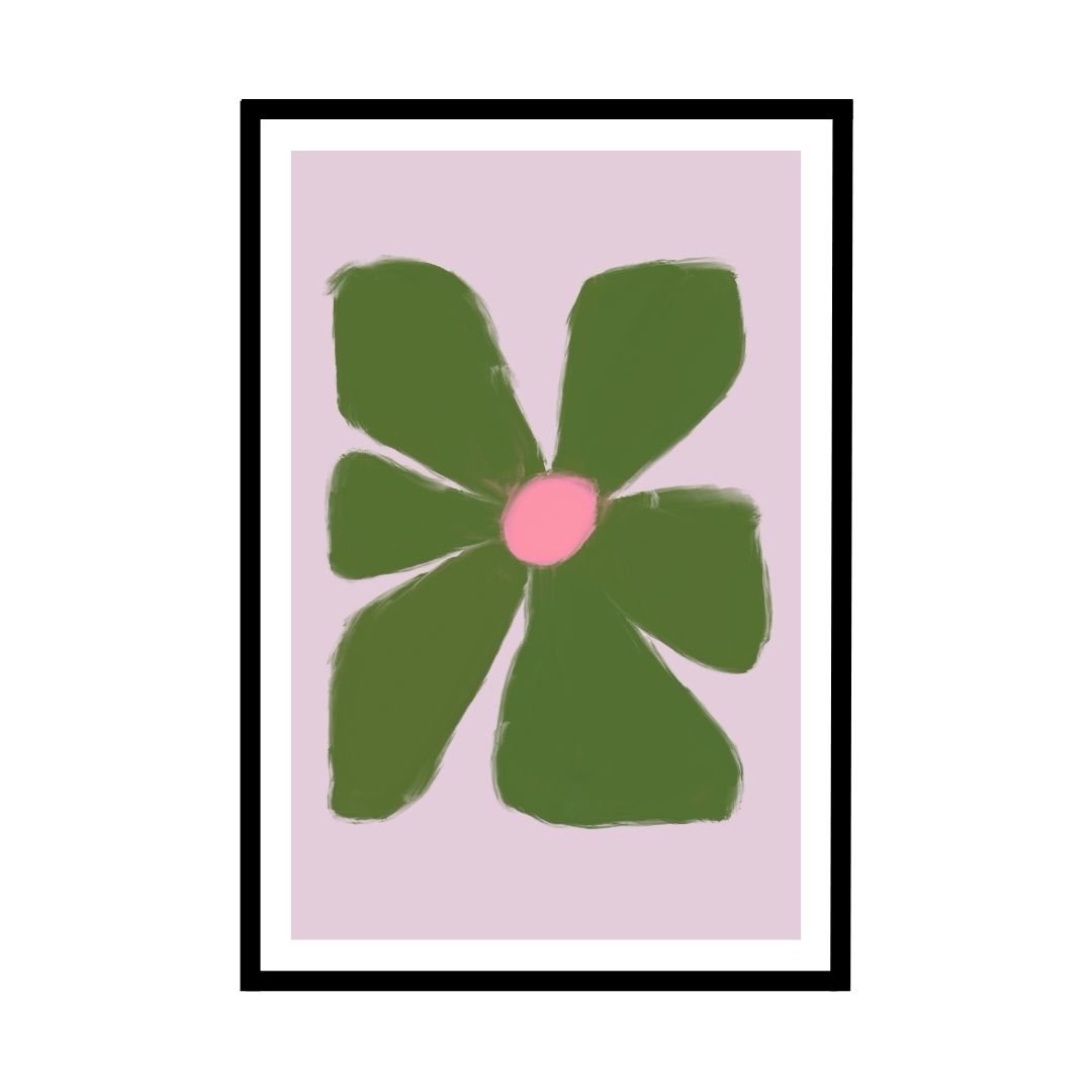 Abstract artwork featuring a large green flower shape with a pink center on a light pink background.