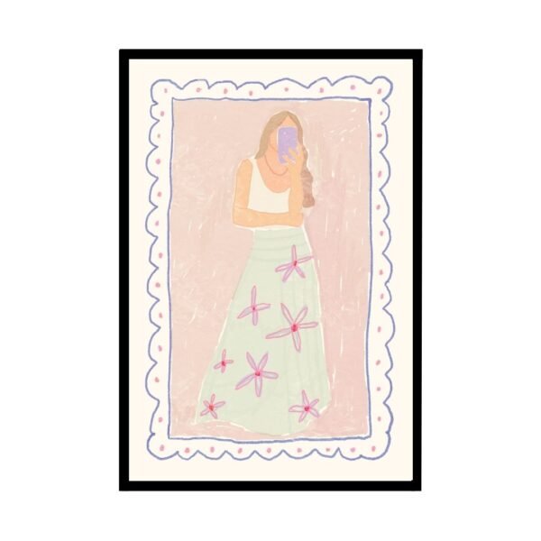 Woman with phone wearing a floral skirt in soft pastel tones art wall poster