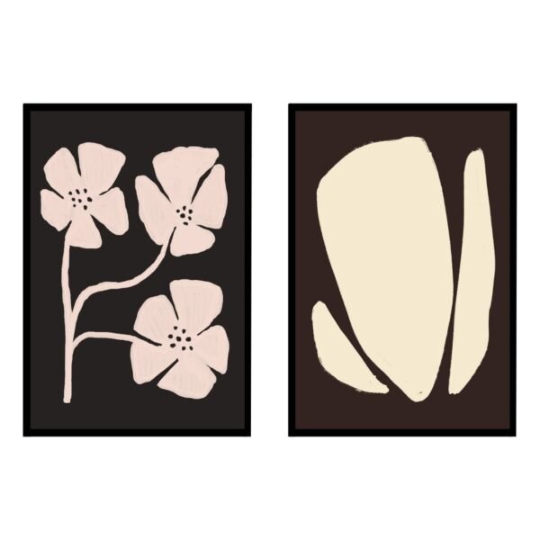 Framed wall art print featuring floral designs with abstract shapes.