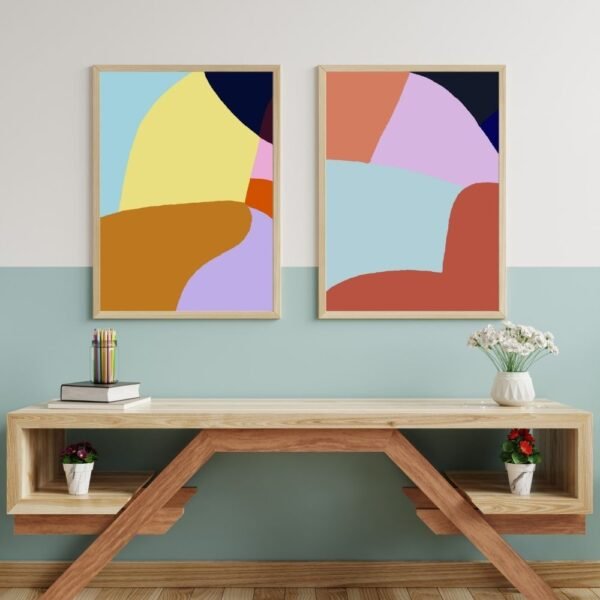 Set of two modern geometric art prints in various colors and forms.