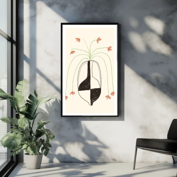 Abstract artwork featuring a vase with floral elements in a minimalist style.