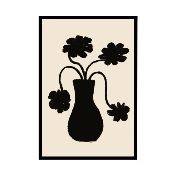 Black flower vase art print on beige background framed