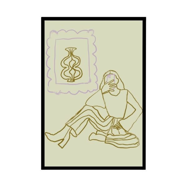 Modern woman sitting with framed art on wall poster