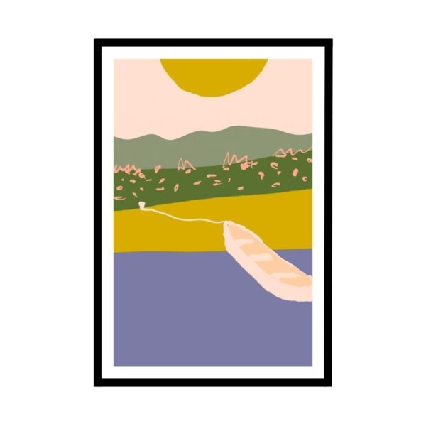 Tranquil boat landscape art poster in pastel colors