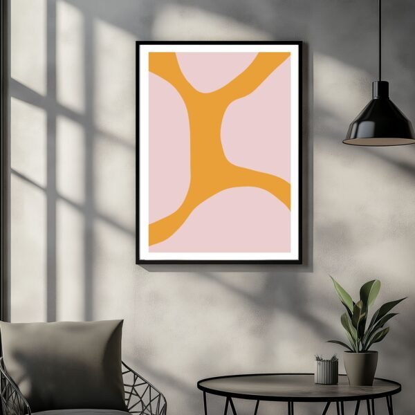 Abstract artwork featuring orange shapes on a pink background in a framed display.