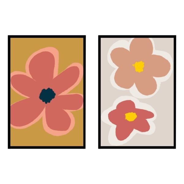 Two abstract flower art prints featuring bold floral designs in various colors.