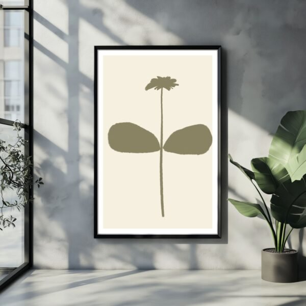 Framed abstract artwork featuring a flower with a stem and leaves against a light background.