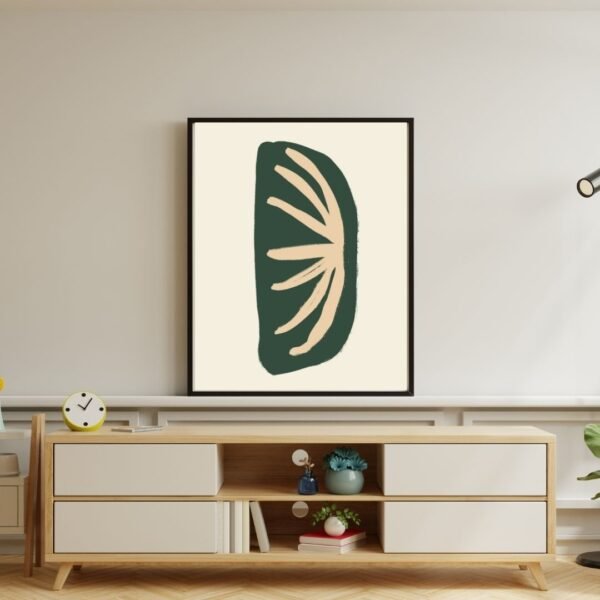 elegant abstract shape art print with a green base and beige accent lines on table