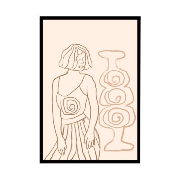 Abstract minimalist line art of a woman with spiral patterns, modern wall art print.