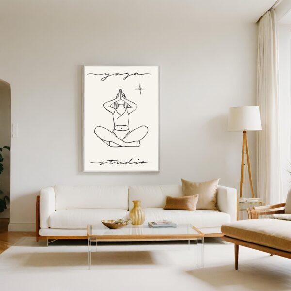 Line art print of a person meditating in a yoga pose with the text 'yoga studio'.