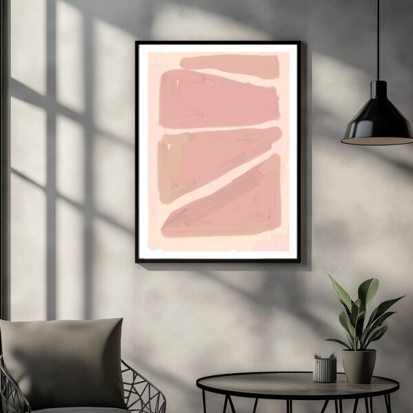 Abstract artwork featuring pink and beige shapes arranged on a light background.