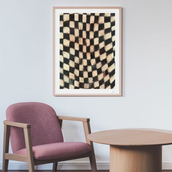 Abstract artwork featuring a checkerboard pattern in muted colors, framed and displayed on a wall.