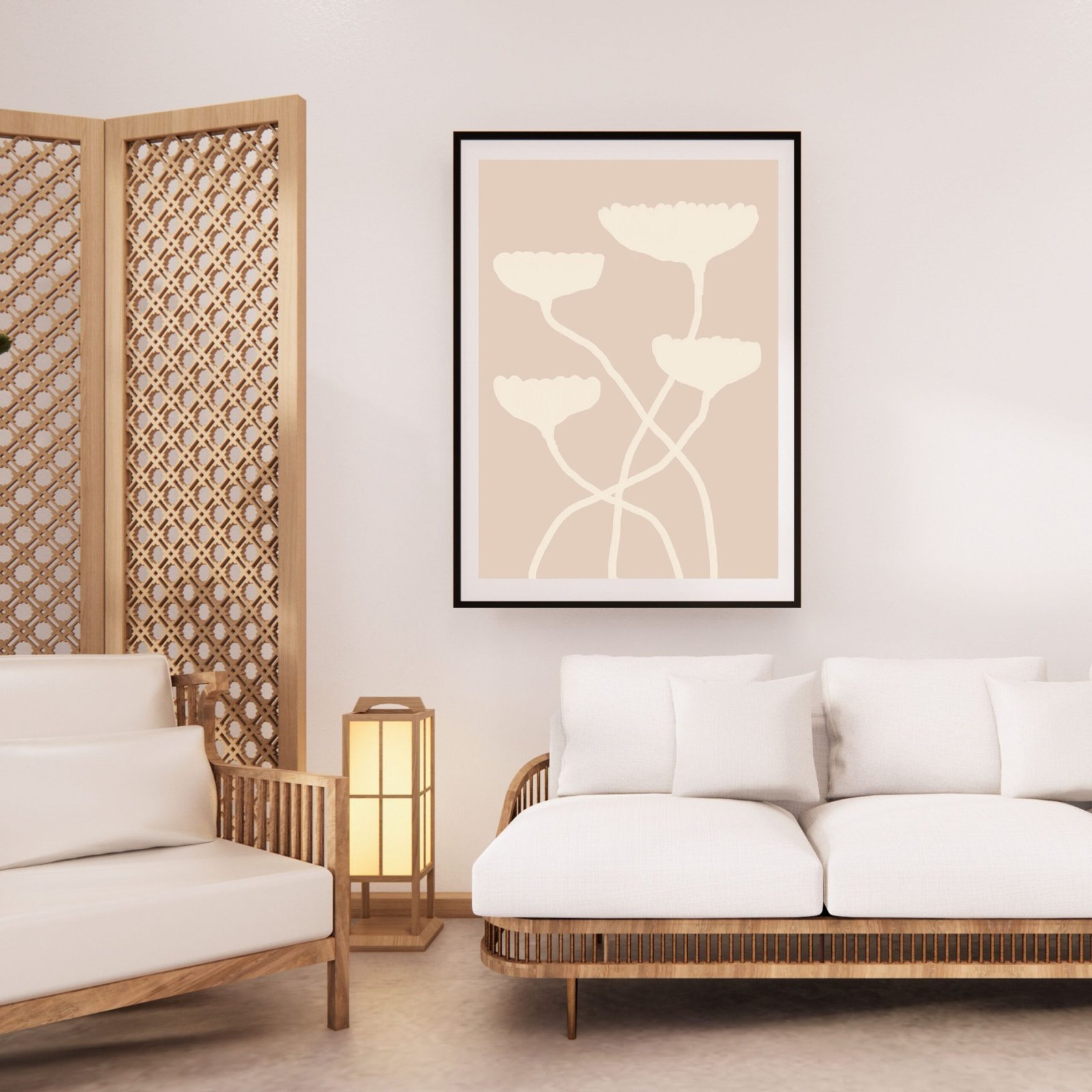 Framed artwork featuring an abstract floral design with light colors on a wall.