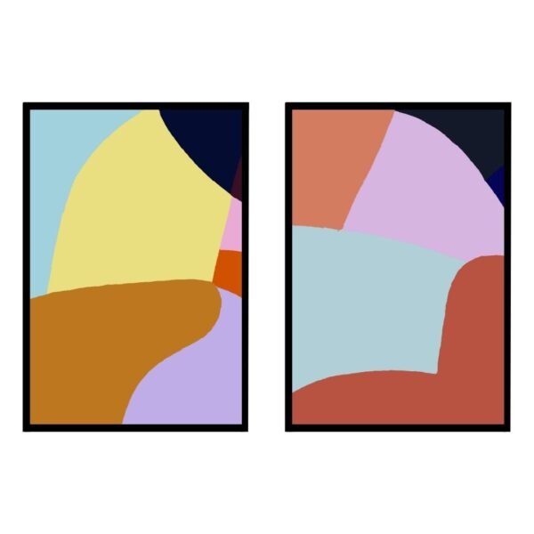 Two framed abstract geometric artworks featuring various colors and shapes.