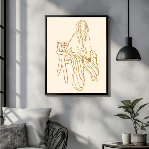 Framed woman sitting line art poster for contemporary wall decor hanging