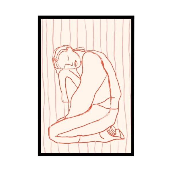 Abstract line drawing of a woman in a resting pose, minimalist art print.