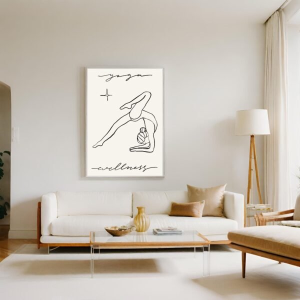 Line art illustration of a person in a yoga pose with the words 'yoga' and 'wellness' below.