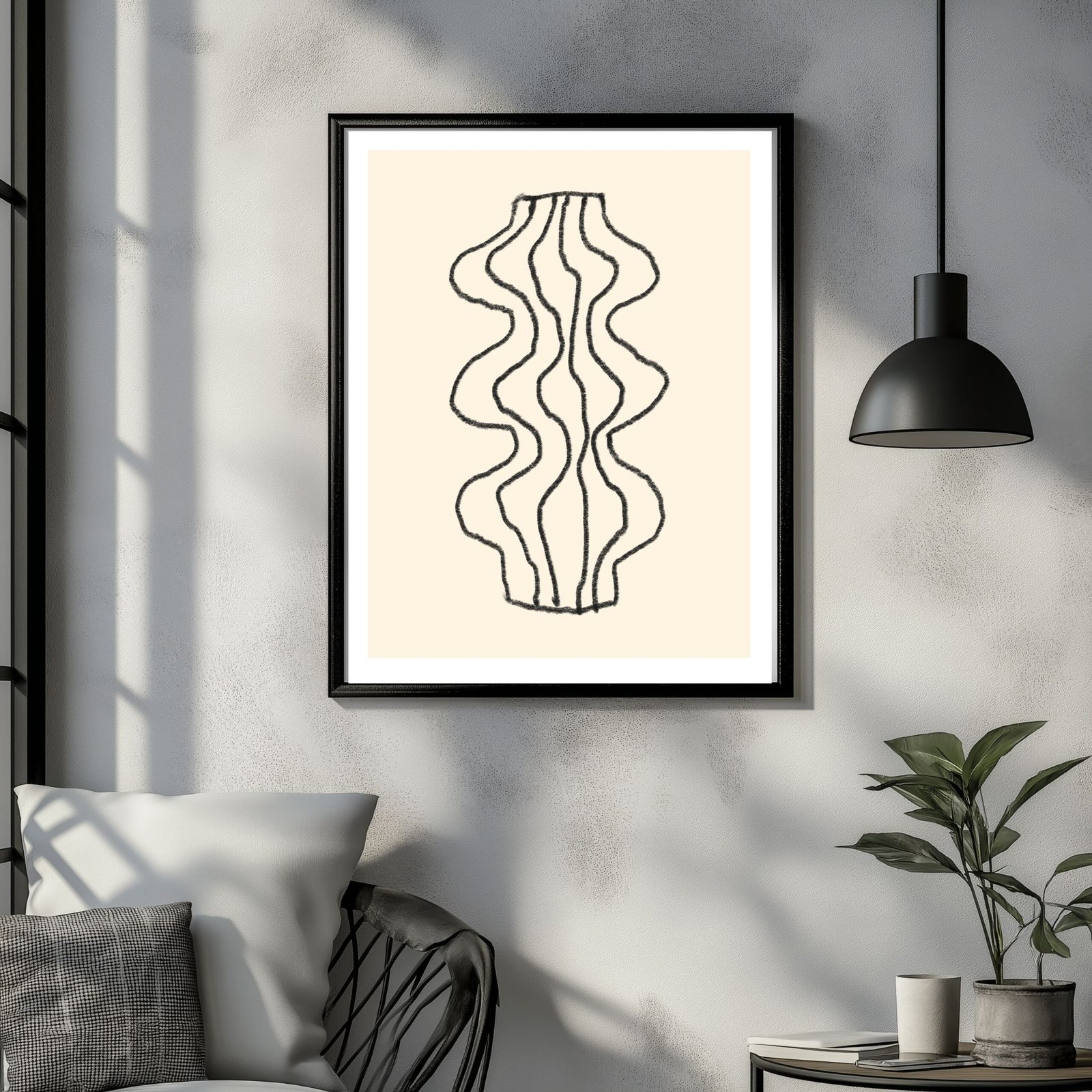 Framed abstract line art illustration of a vase with wavy lines on a beige background.