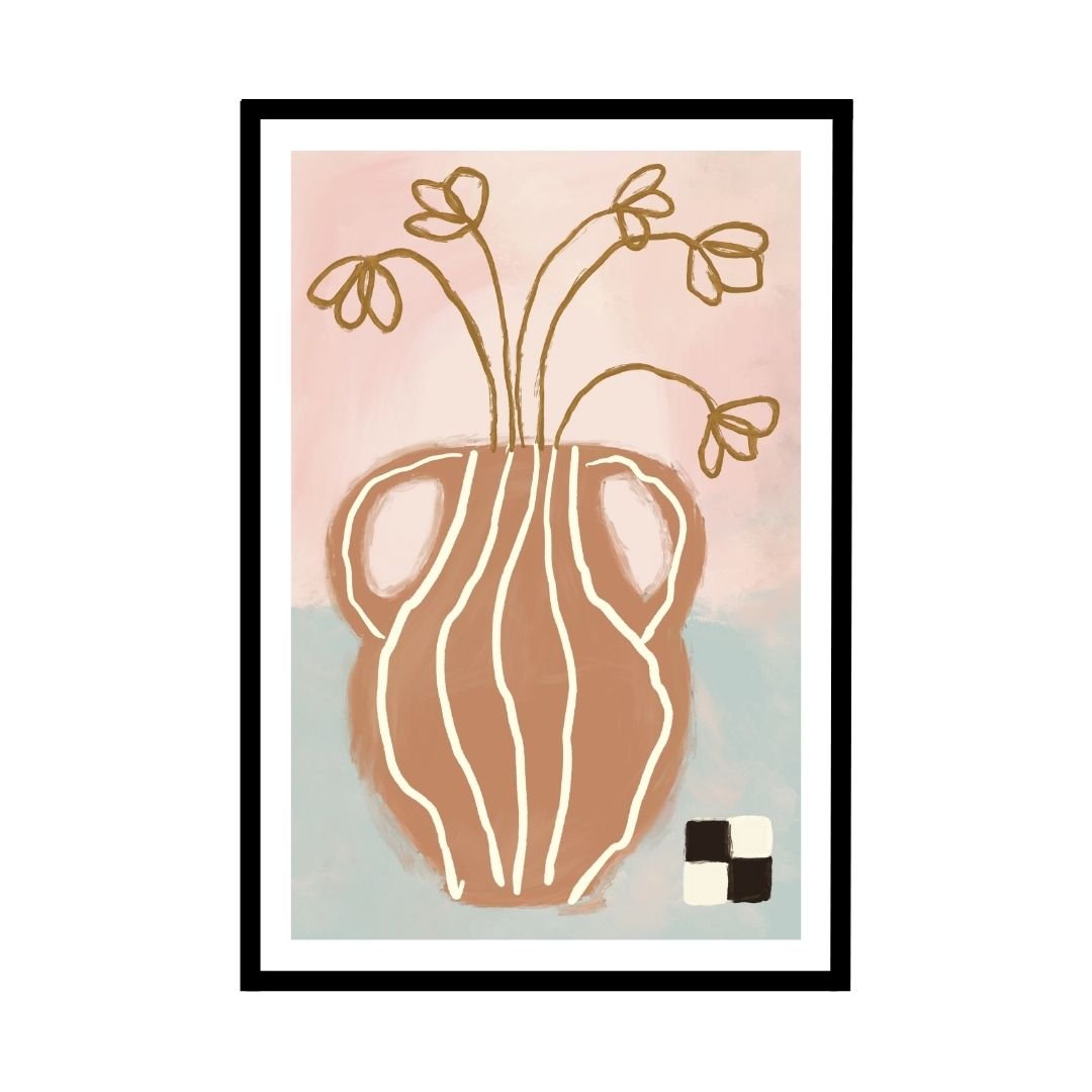 Minimalist line art of a vase with flowers in soft pastel shades of pink, blue, and beige.